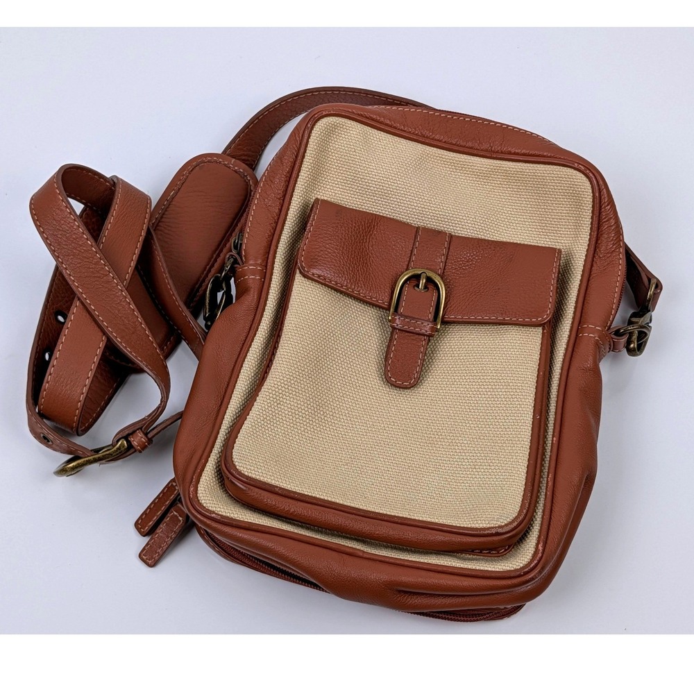 Levenger Leather Canvas Crossbody Bag Tan Beige Travel Organizer Messenger